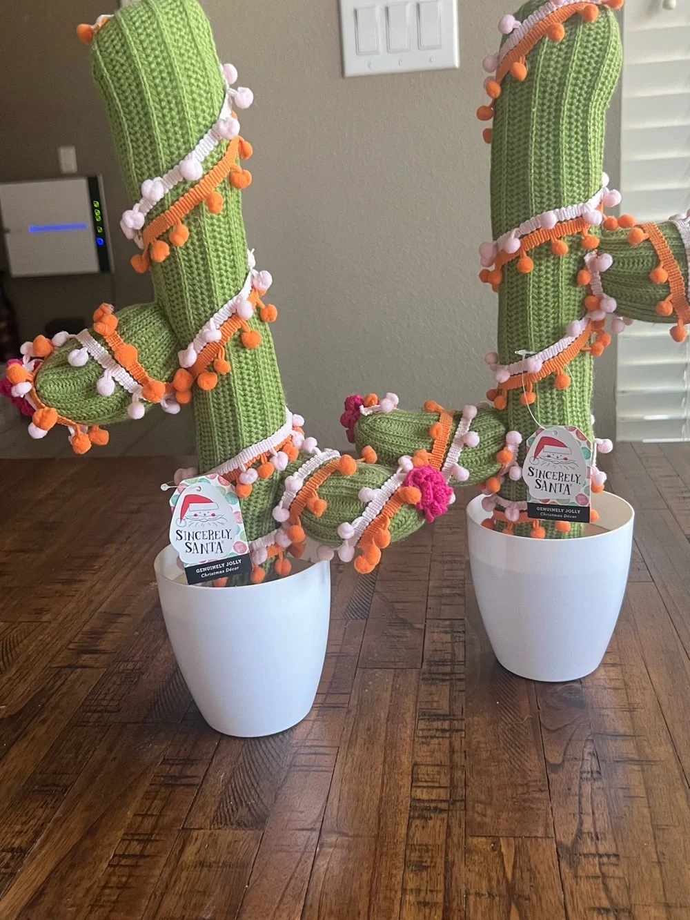 Handmade Green Knit Cactus Accent with Orange and Pink Pom-Poms